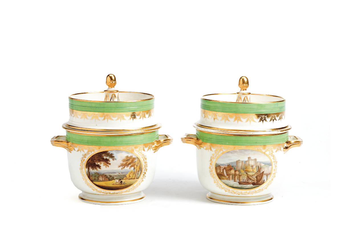 Appraisal: PAIR OF DERBY PORCELAIN TOPOGRAPHICAL FRUIT COOLERS COVERS AND LINERS