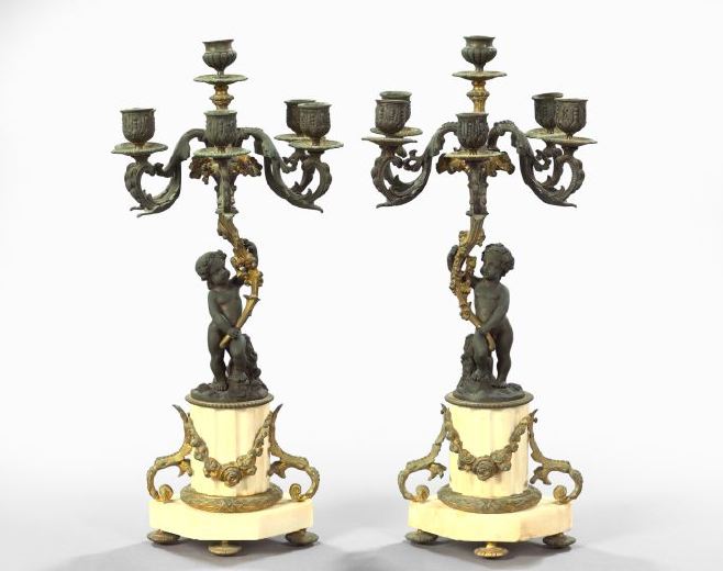 Appraisal: Pair of French Parcel-Gilt Bronze-Patinated Spelter and Carved White Marble