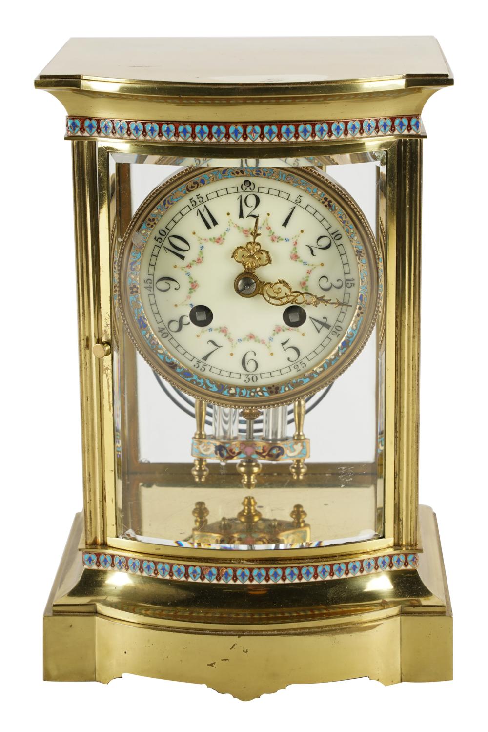 Appraisal: BRASS CHAMPELEVE MANTLE CLOCKwith enameled pendulum and French movement inches