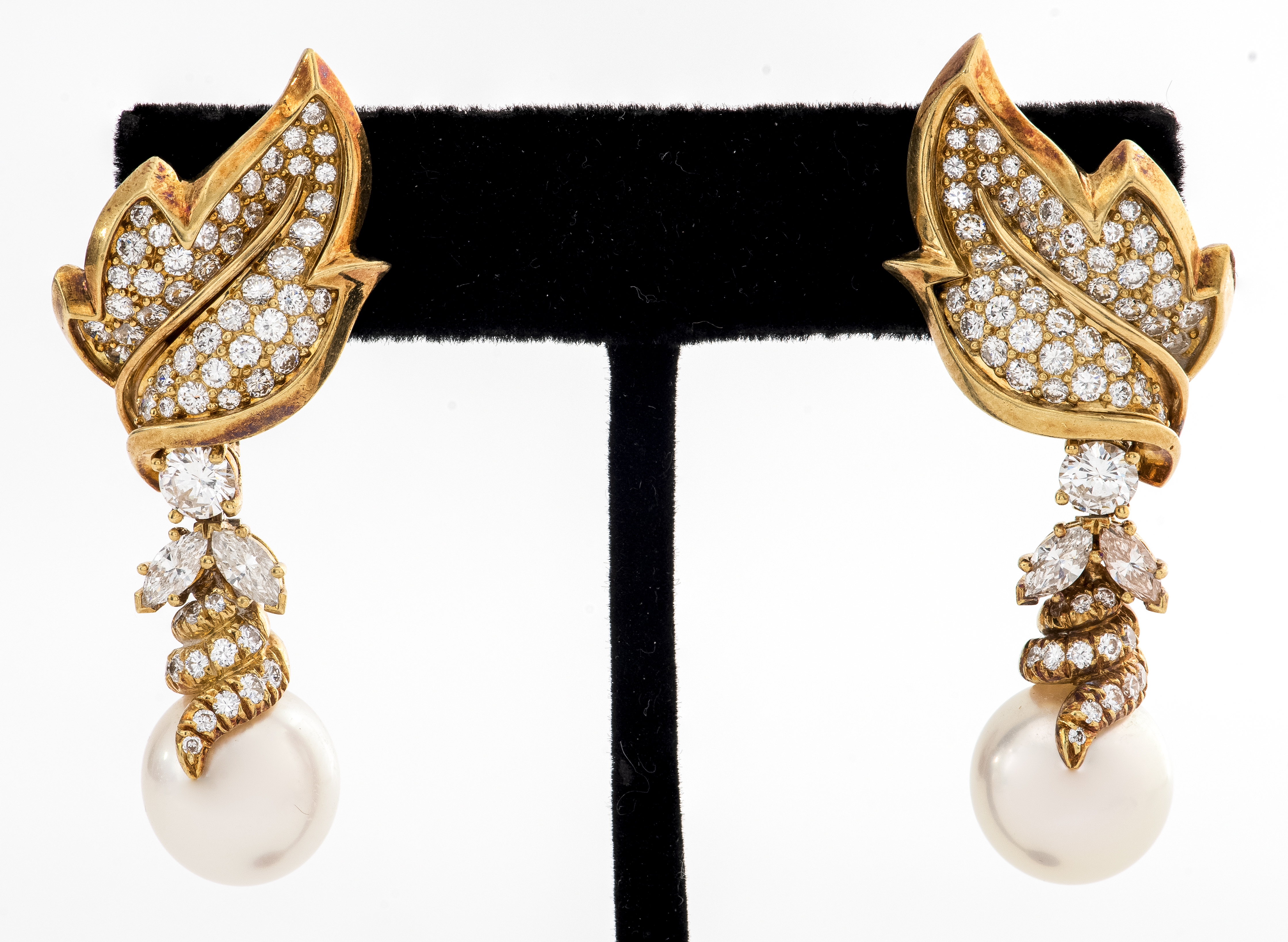 Appraisal: K GOLD MM SOUTH SEA PEARL DIAMOND EARRINGS Vintage mm