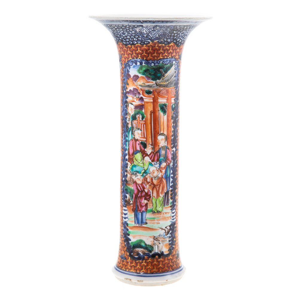 Appraisal: Chinese Export Mandarin Palette Trumpet Vase Circa cross hatch border