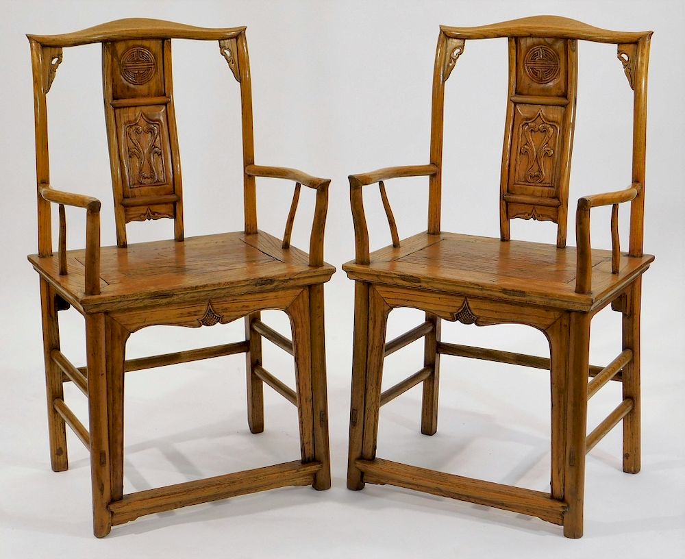 Appraisal: PR Antique Chinese Carved Wood Scholars Chairs PR Antique Chinese