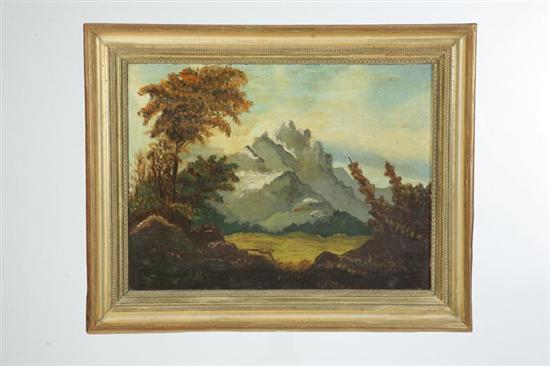 Appraisal: OIL ON BOARD A mountainscape with trees in the foreground