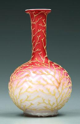 Appraisal: Mother-of-pearl coralene vase bottle form with flattened rim red to