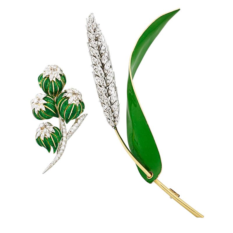 Appraisal: TWO DIAMOND AND ENAMELED GOLD VEGETAL BROOCHES Sheaf of wheat