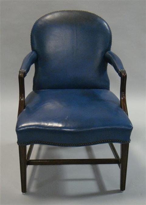 Appraisal: BLUE LEATHER OPEN ARMCHAIR having nail head trim over tapered