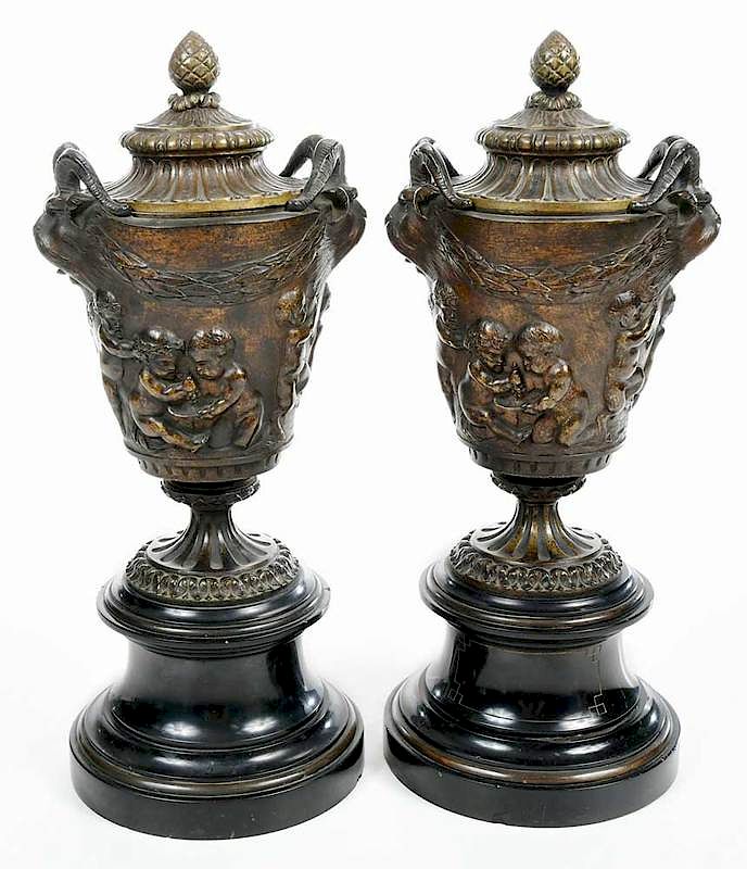 Appraisal: Pair Grand Tour Style Bronze Urns Continental late th early