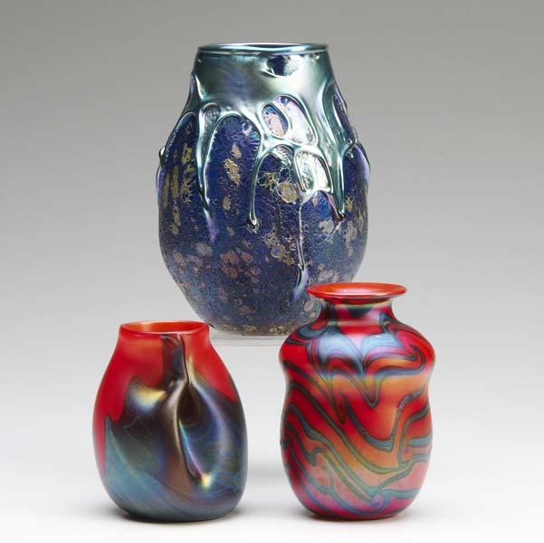 Appraisal: CHARLES LOTTON Three art glass vases and Signed Largest x