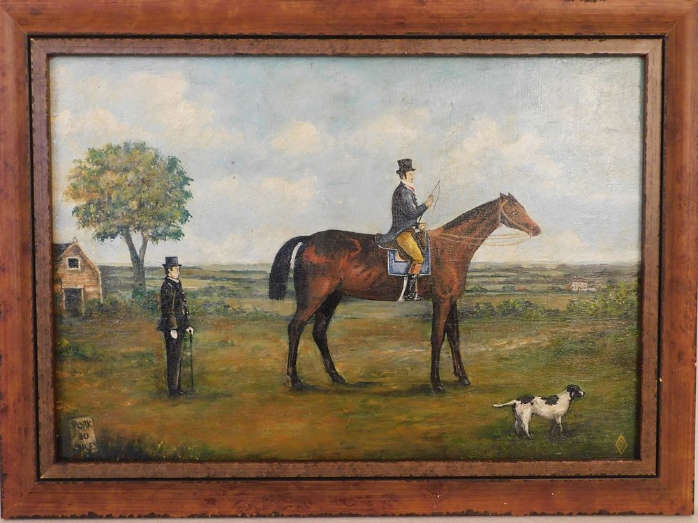 Appraisal: ENGLISH PAINTING GENTLEMEN HORSE English oil painting on wood panel