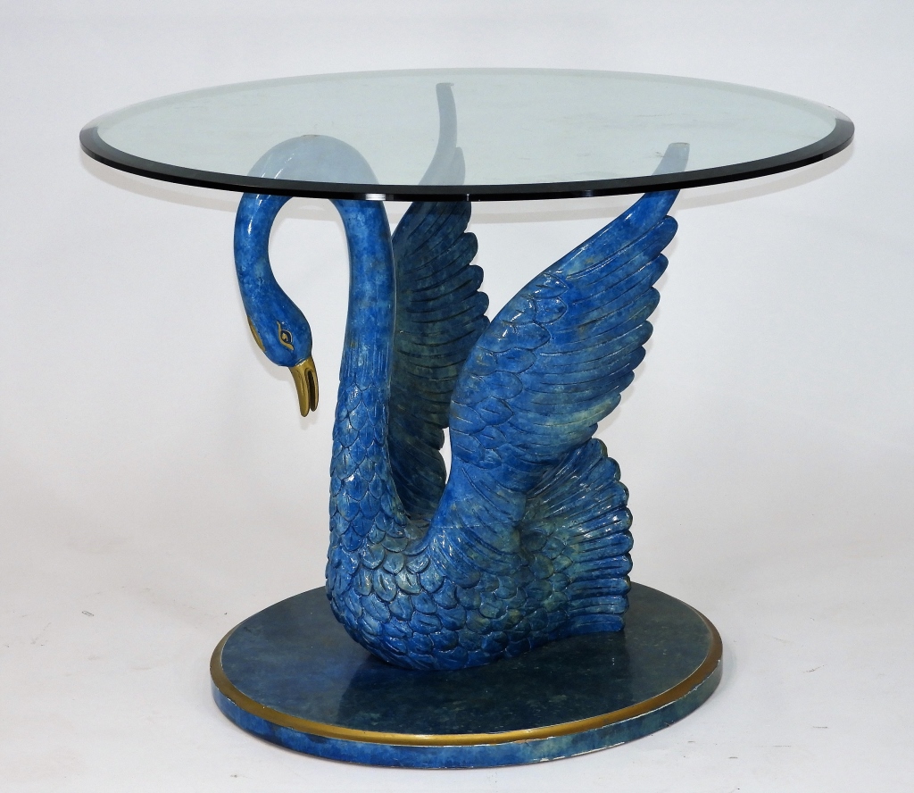 Appraisal: C HOLLYWOOD REGENCY FAUX LAPIS SWAN TABLE United States Circa