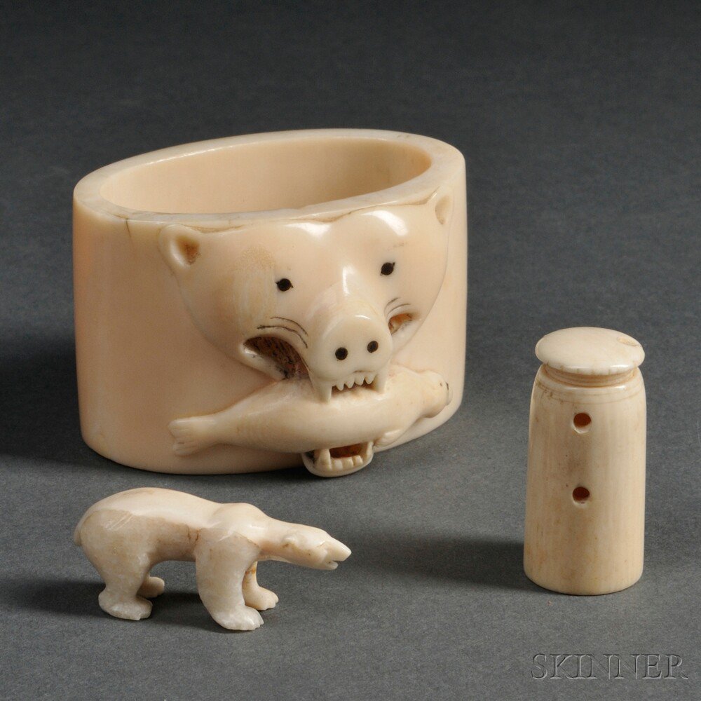 Appraisal: Three Eskimo Carved Walrus Ivory Souvenirs lg to in Estimate