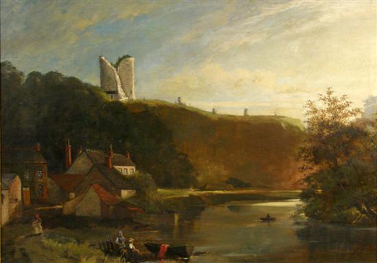 Appraisal: J Todd river landscape with figures houses ruins and a