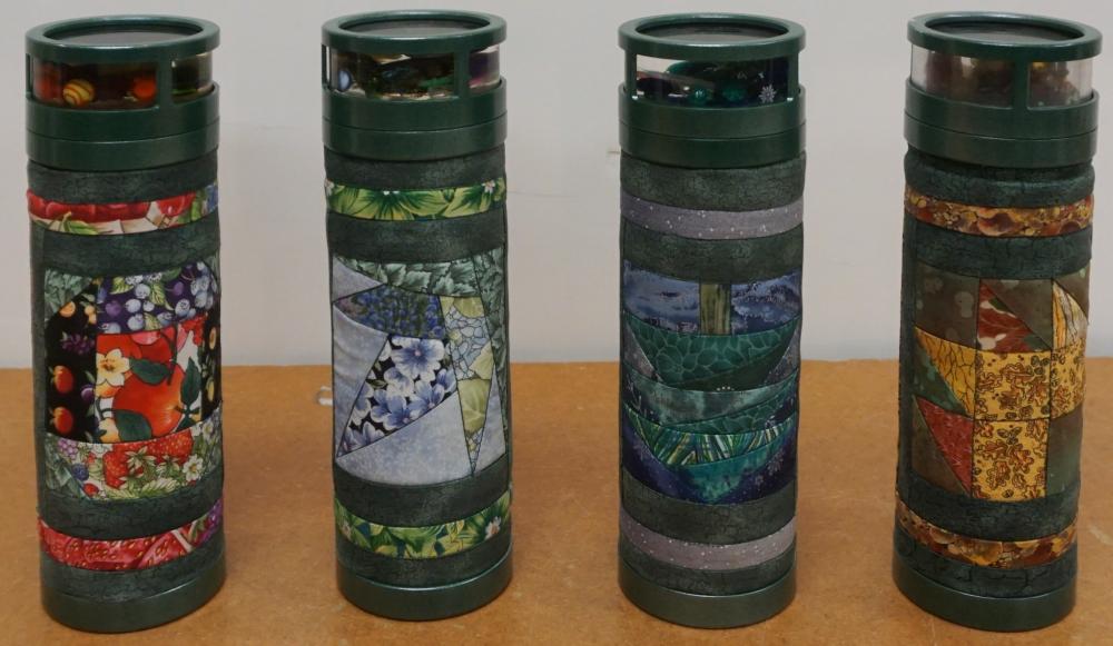 Appraisal: Four Cloth and Green Enameled Metal Cylindrical Kaleidoscopes H in