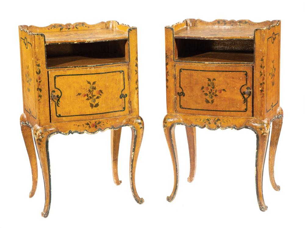 Appraisal: Pair of Continental Painted Petite Commodes th c scalloped galleried