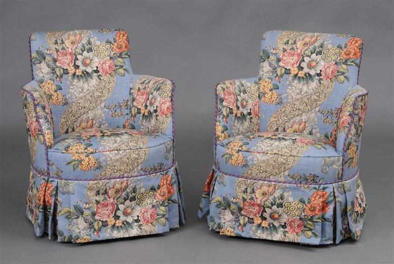 Appraisal: PAIR OF SKY-BLUE GROUND CHINTZ SILK UPHOLSTERED ARMCHAIRS x x