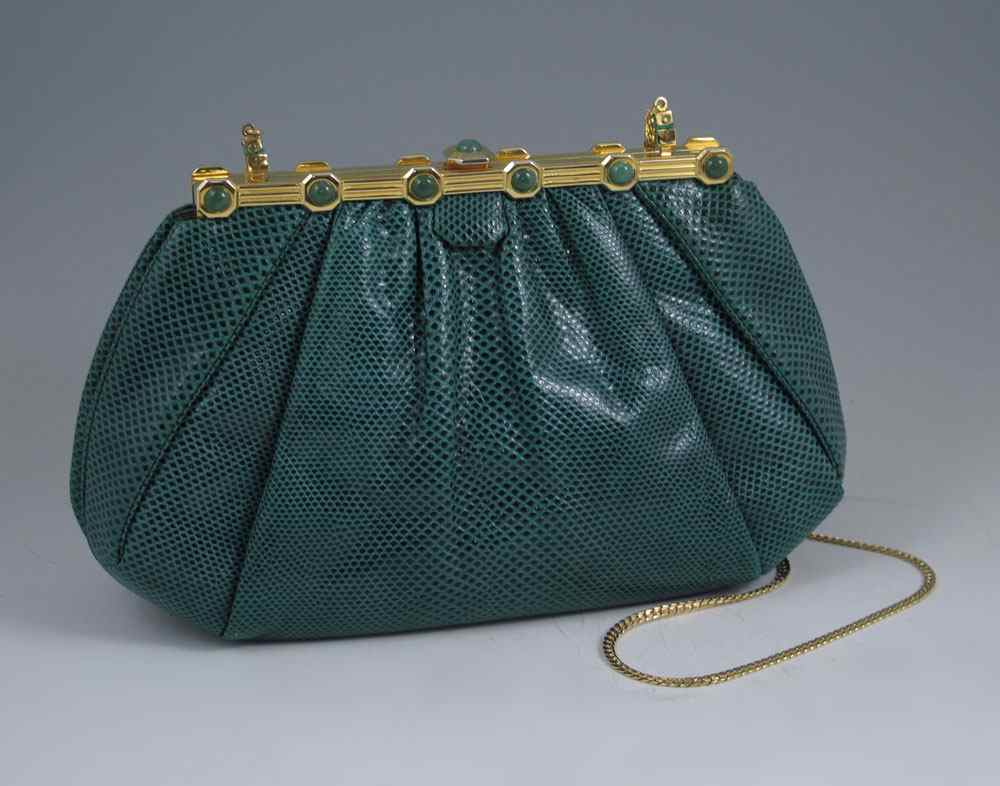 Appraisal: JUDITH LEIBER TEAL GREEN REPTILE LEATHER PURSE Rich gold color