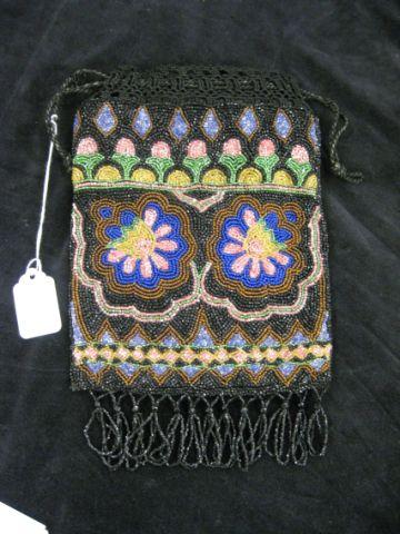 Appraisal: Antique Beaded Purse floral decor drawstring style x