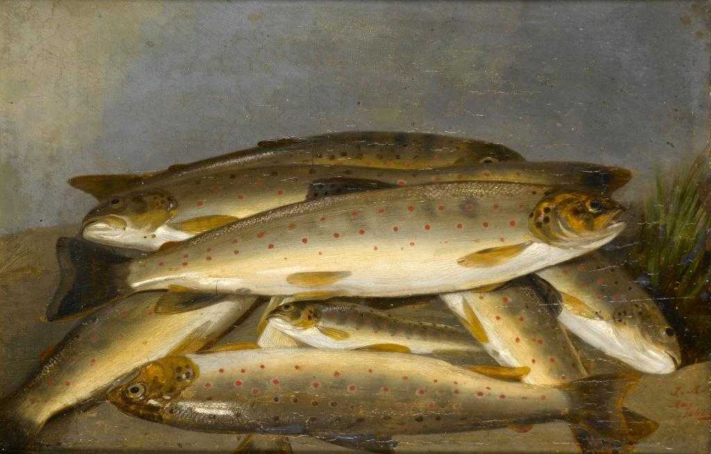 Appraisal: ENGLISH SCHOOL TROUT ON A RIVERBANK signed with initials JA