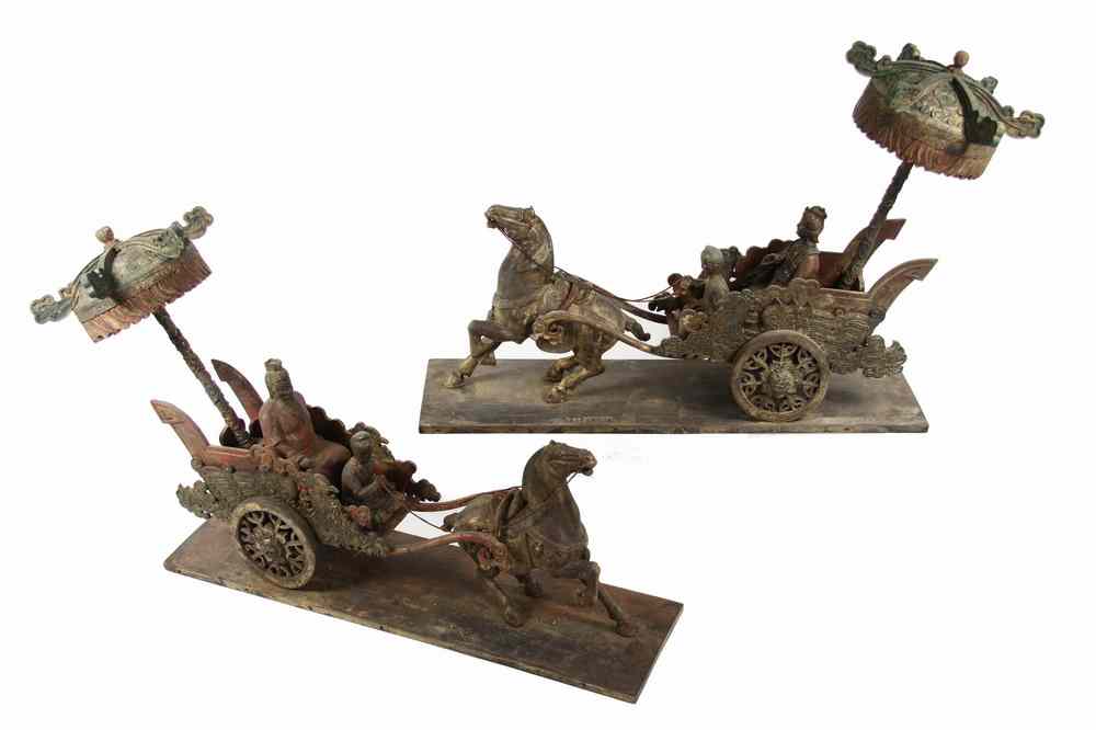 Appraisal: PAIR POLYCHROME WOOD CHINESE CHARIOTEERS - th c Carved Wood