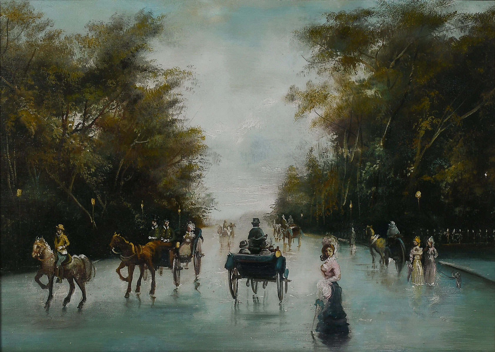 Appraisal: PARISIAN PARK SCENE PAINTING IN FANTASTIC GILDED AND CARVED NEWCOMB