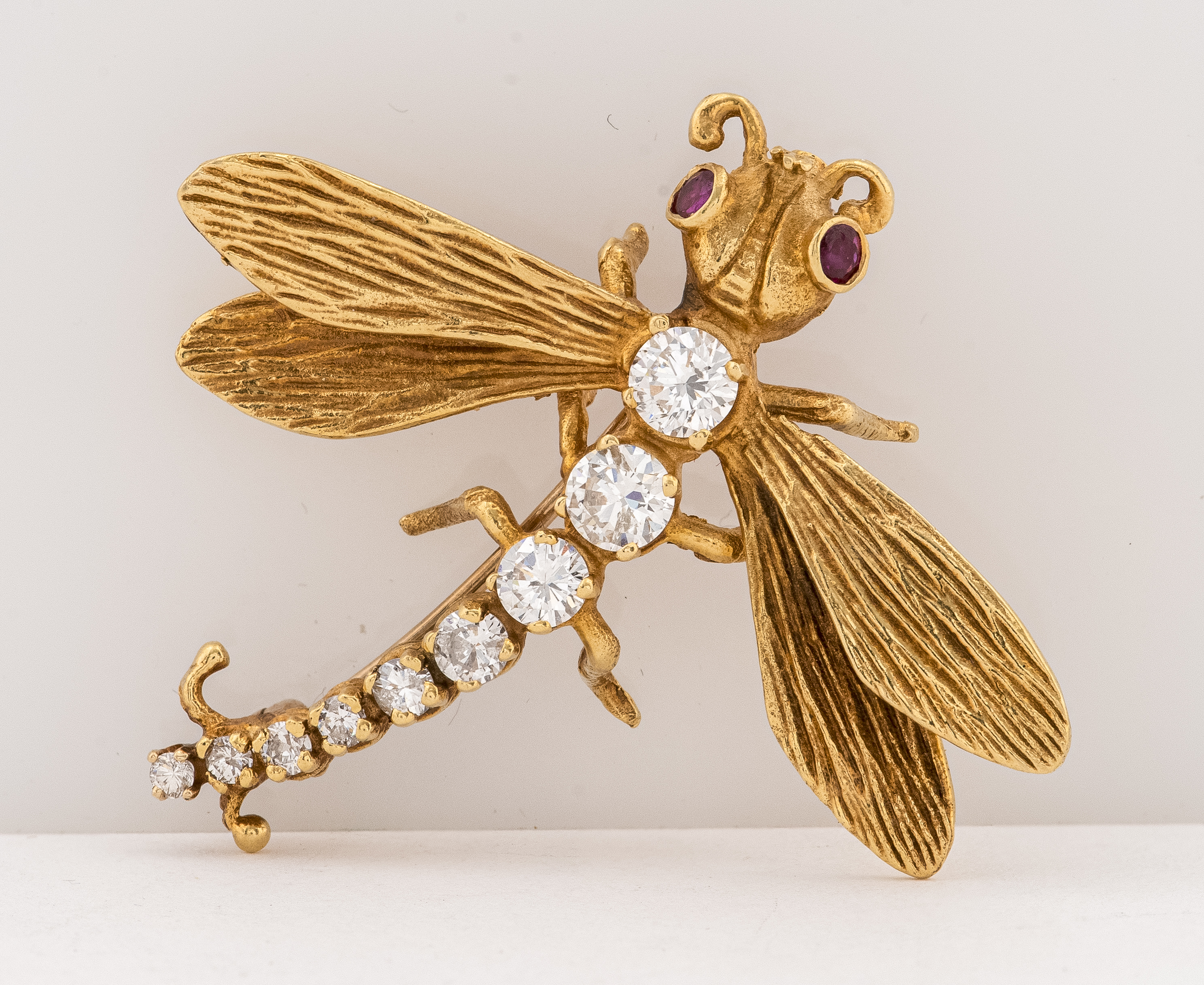 Appraisal: K YELLOW GOLD DIAMOND RUBY DRAGONFLY BROOCH Vintage K yellow