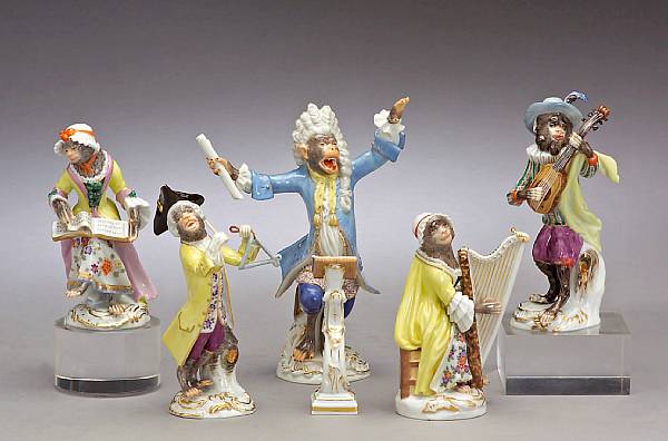 Appraisal: A Meissen porcelain five piece monkey band Affenkapelle mid th