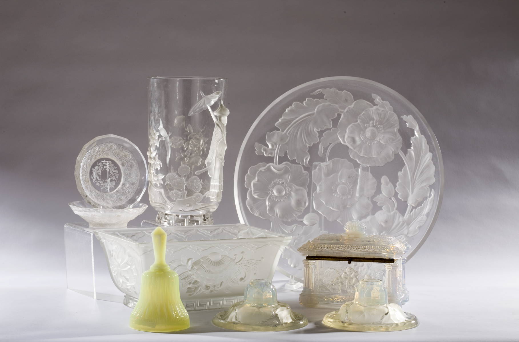 Appraisal: COLLECTION OF FROSTED AND OPALINE TABLE GLASS COMPRISING A CIRCULAR