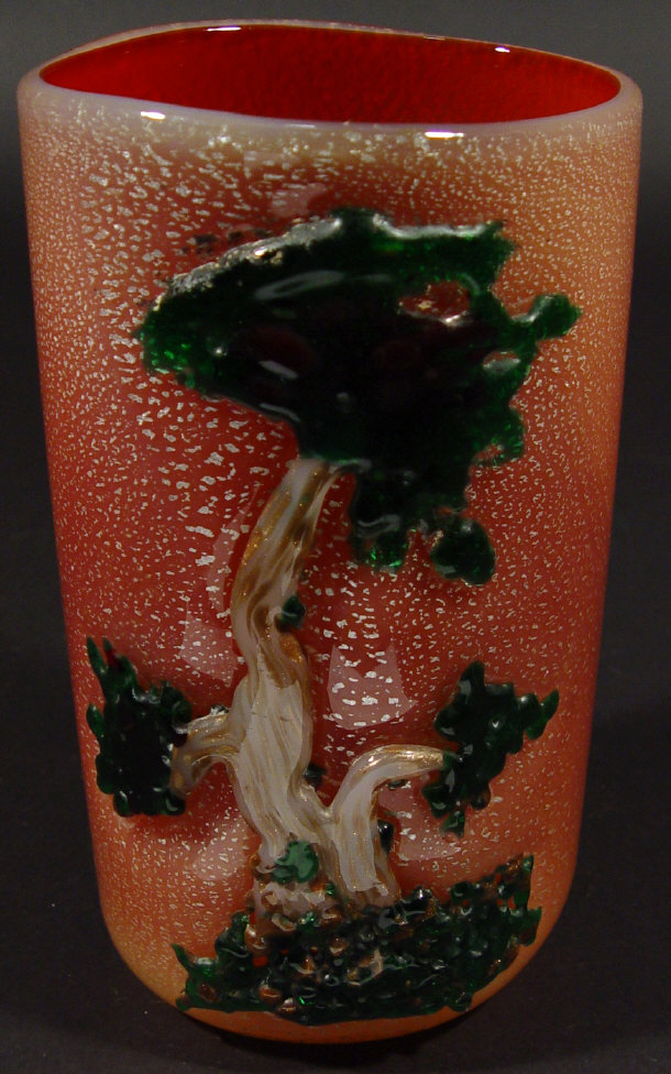 Appraisal: Murano red cylindrical glass vase moulded with an oriental style