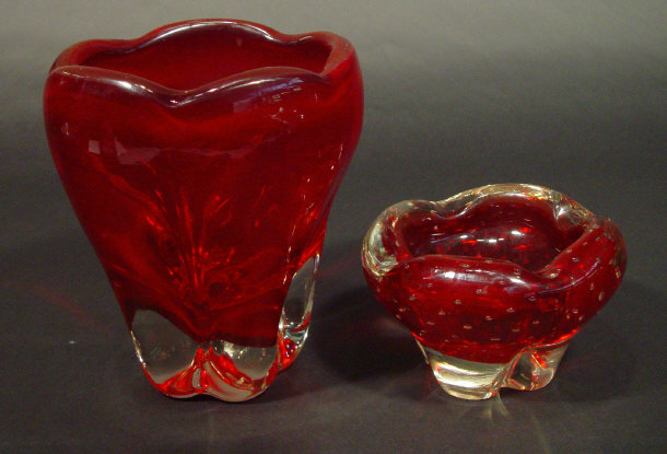 Appraisal: Whitefriars ruby glass vase and a similar dish with controlled