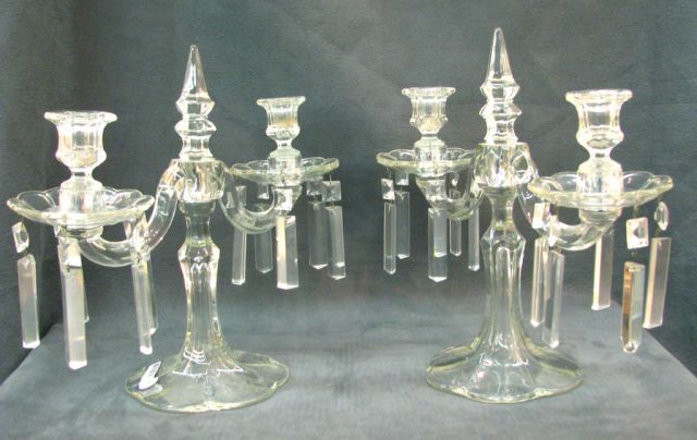 Appraisal: Pair of two-branch crystal candelabra with prisms tall