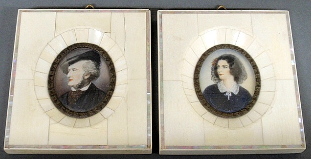 Appraisal: - Two miniature Continental portraits with ivory frames each x