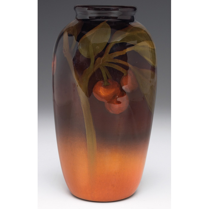 Appraisal: Rookwood vase Standard glaze with painted cherries executed by Laura