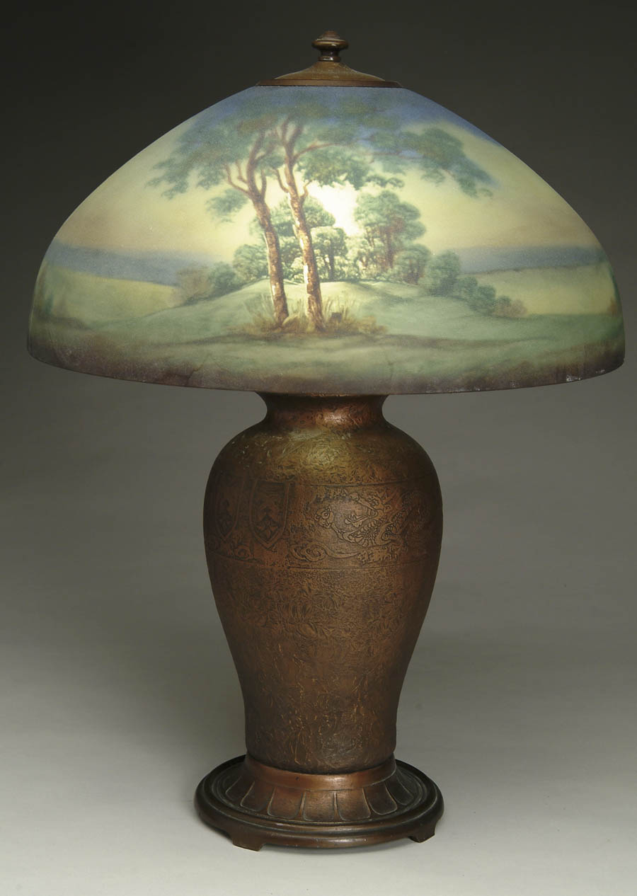 Appraisal: JEFFERSON TABLE LAMP Colorful reverse painted woodland scene with pretty