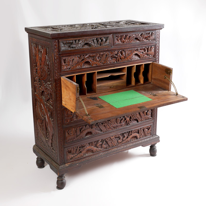 Appraisal: CHINESE CARVED SECRETARY CHEST OF DRAWERS Profusely carved all over