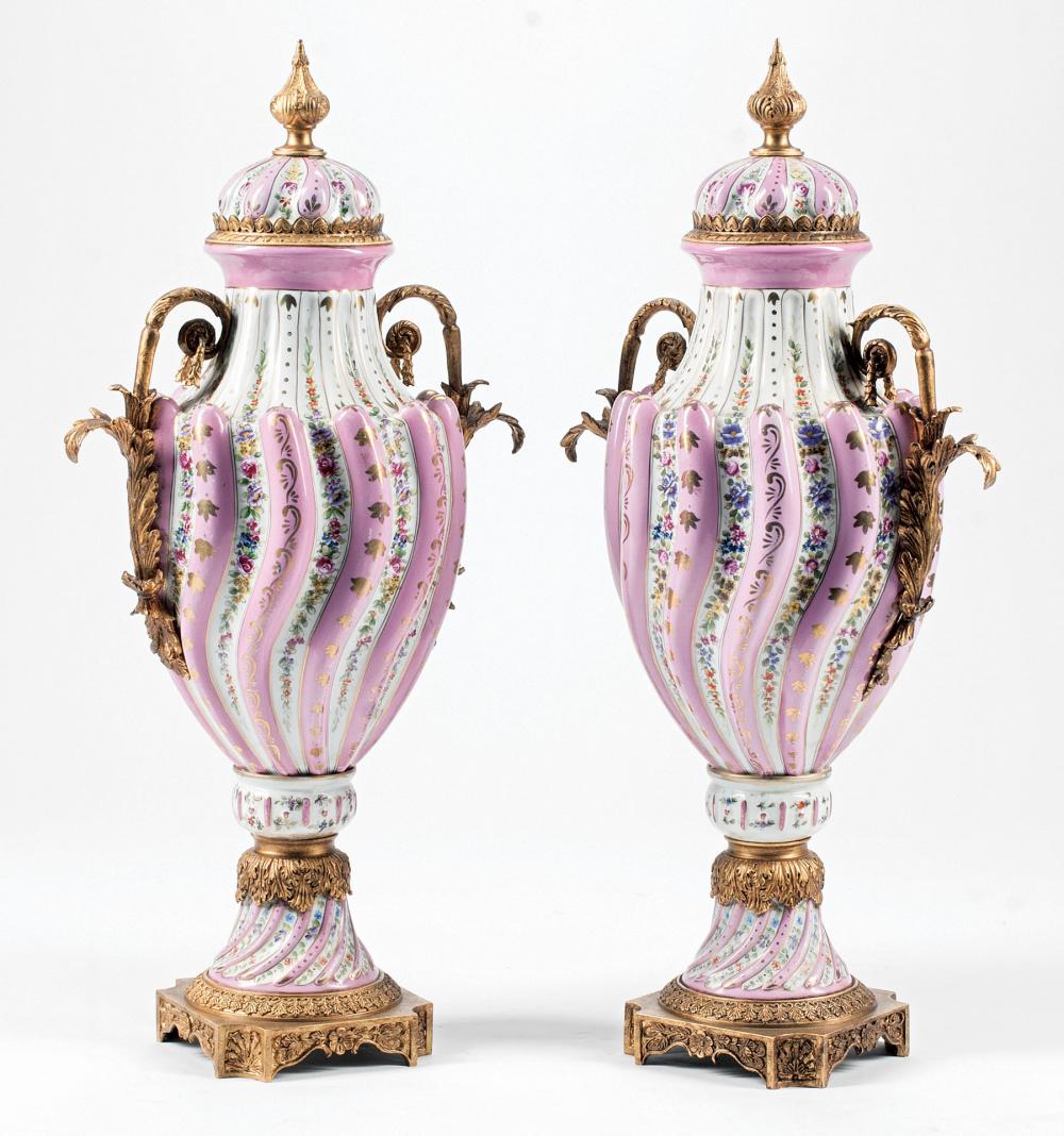 Appraisal: Pair of Neoclassical-Style Bronze-Mounted Sevres-Style Rose Pompadour and Gilt Porcelain