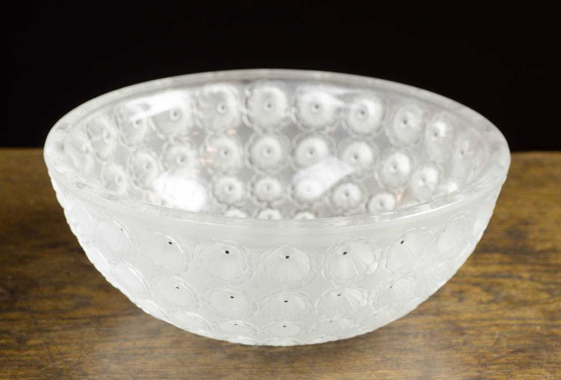 Appraisal: LALIQUE NEMOURS CRYSTAL BOWL frosted and clear glass with black