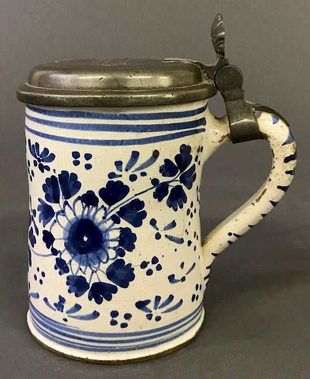 Appraisal: Dutch Pewter Mounted Delftware Stein Dutch pewter mounted cobalt decorated