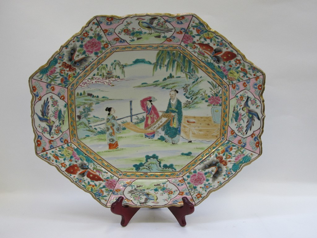 Appraisal: Japanese octagonal famille rose dish with painted blue characters to