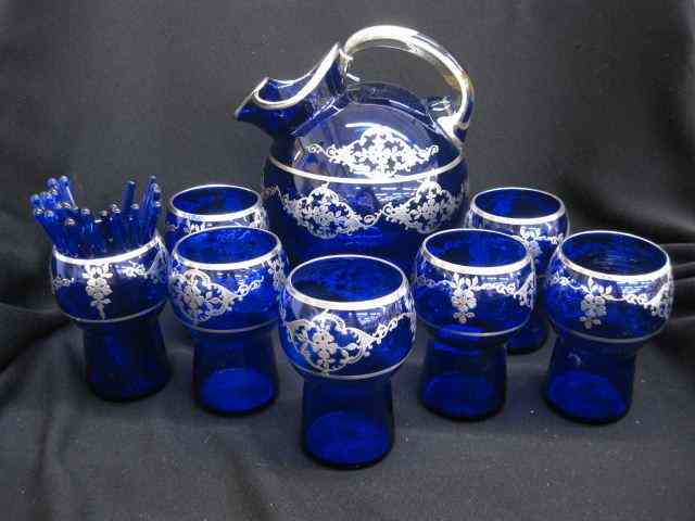 Appraisal: Silver Overlay Cobalt Glass Beverage Set '' ball shape pitcher