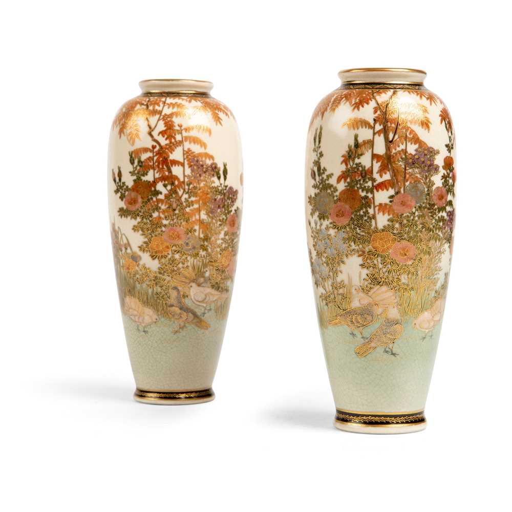 Appraisal: PAIR OF SATSUMA VASES MEIJI PERIOD each of tapered form