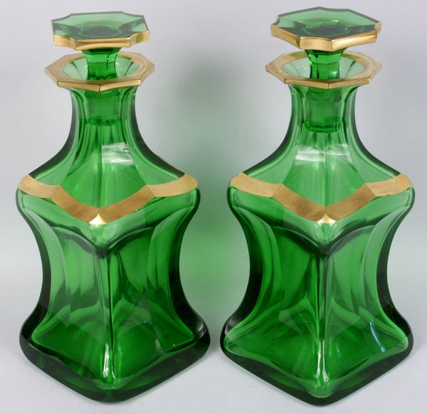 Appraisal: Pair of green glass decanters having gold painted trim h