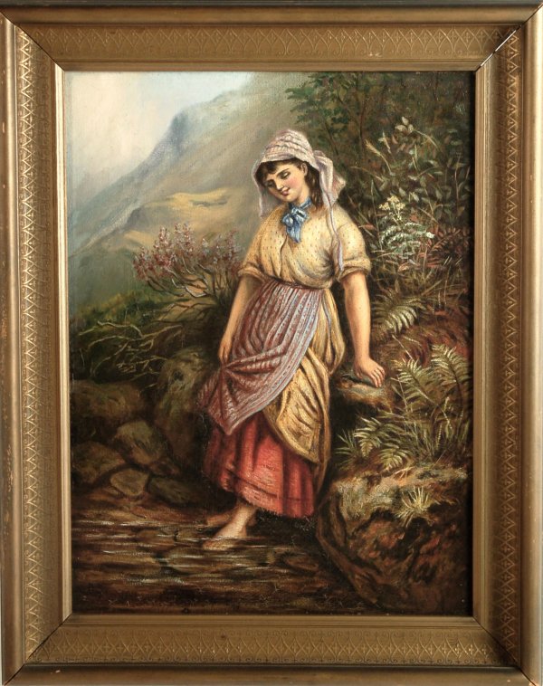 Appraisal: Continental th C Peasant woman standing in stream oil on