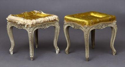 Appraisal: PAIR OF LOUIS XV-STYLE CARVED AND GREY PAINTED TABOURETS Each