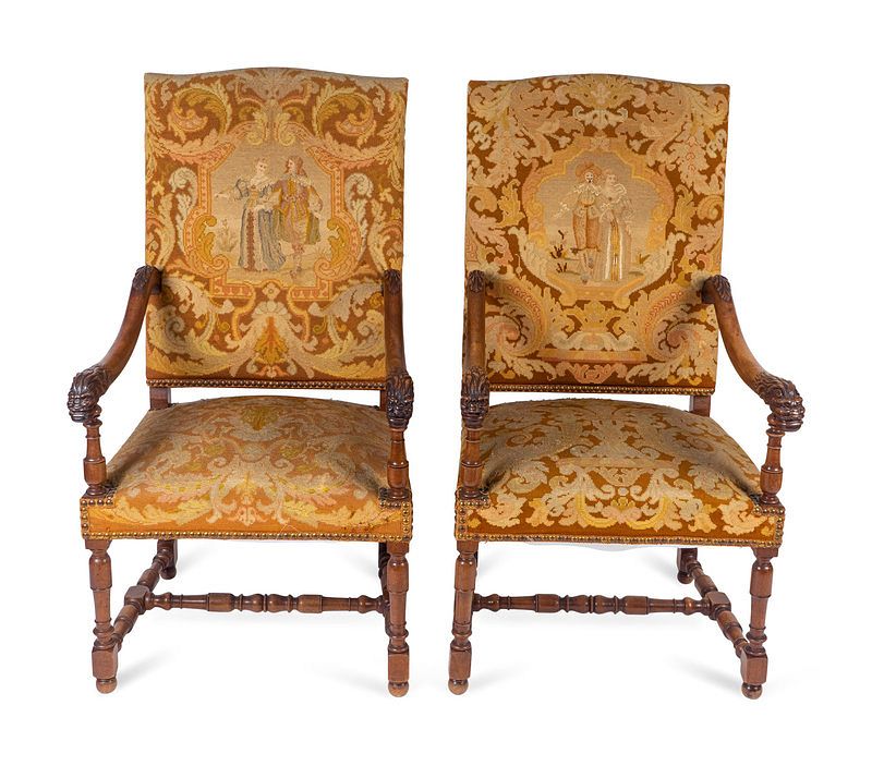 Appraisal: A Pair of Louis XIII Style Carved Walnut Needlepoint Upholstered