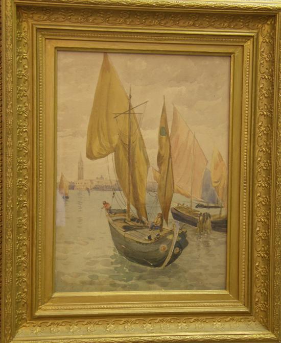 Appraisal: th century Venetian School moored boats in Venetian landscape unsigned