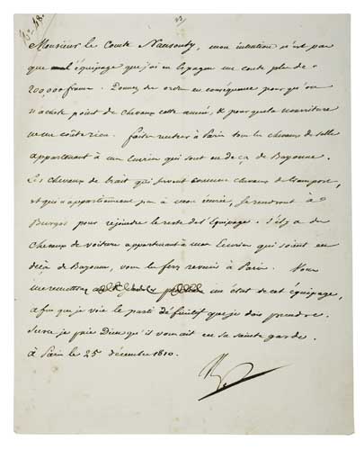 Appraisal: NAPOLEON Letter Signed Np to General Count Nausouty concerning Napoleon's