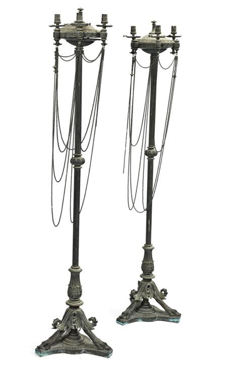 Appraisal: PAIR OF NEO-CLASSICAL STYLE BRONZE STANDING LAMPS CIRCA with glass