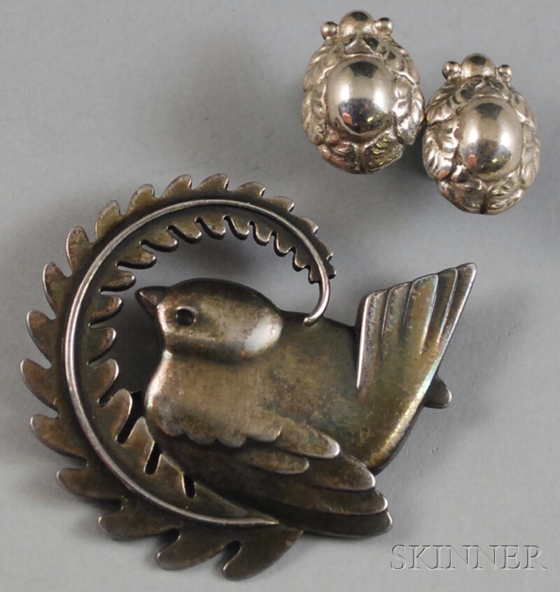 Appraisal: Two Sterling Silver Georg Jensen Items a Danish bird brooch