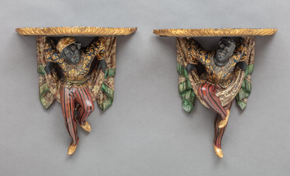 Appraisal: Pair of Italian Polychrome and Gilt Decorated Blackamoor Wall Brackets