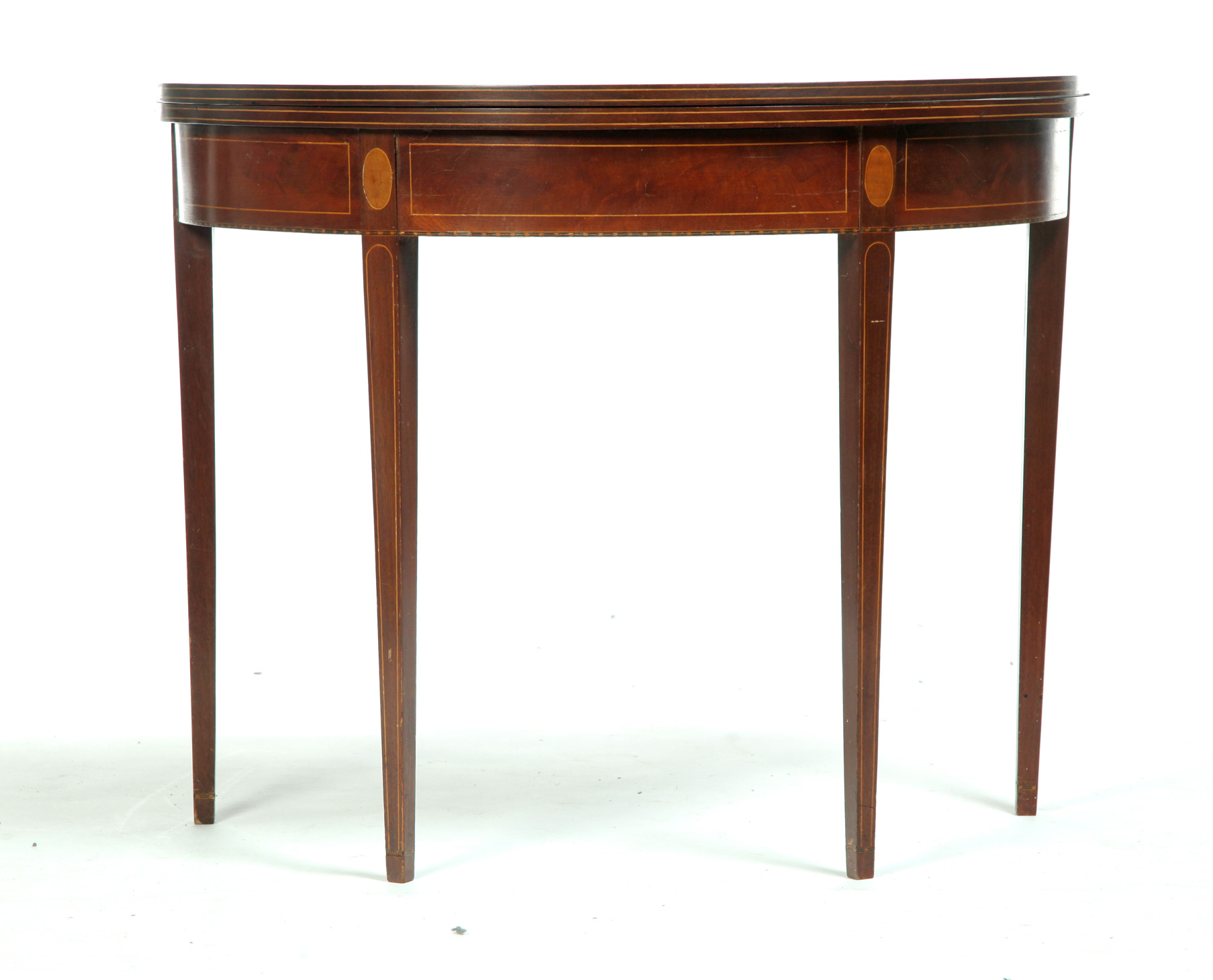 Appraisal: AMERICAN HEPPLEWHITE CARD TABLE Ca mahogany and pine D-shaped top